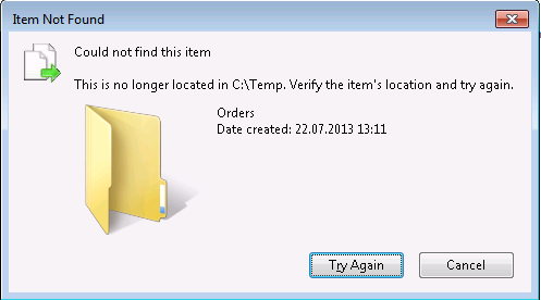 Error Message Could not find item