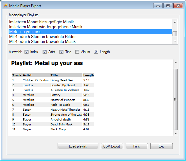 Windows Media Player Playlist Printer and exporter