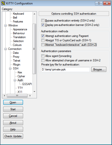 putty settings for ssh session