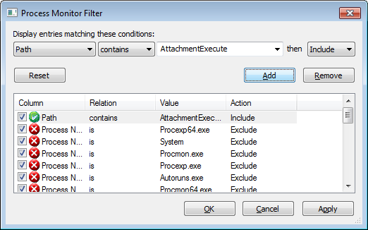 Procmon Filter - AttachmentExecute