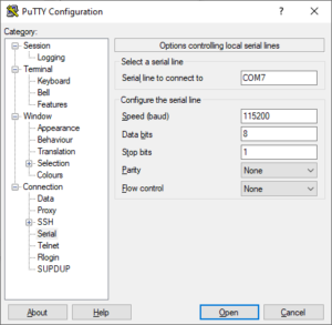 PuTTY serial setup properties
